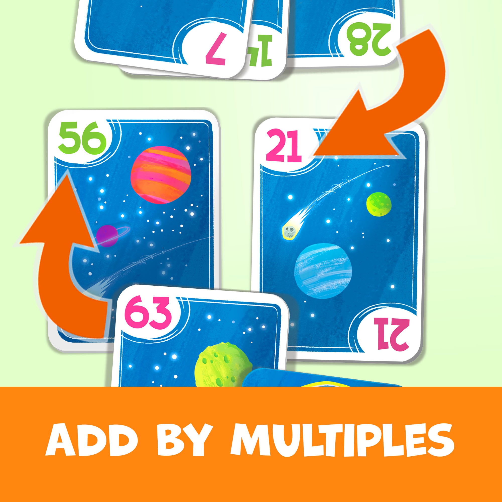 Educational card game with space-themed cards and numbers, featuring multiplication.