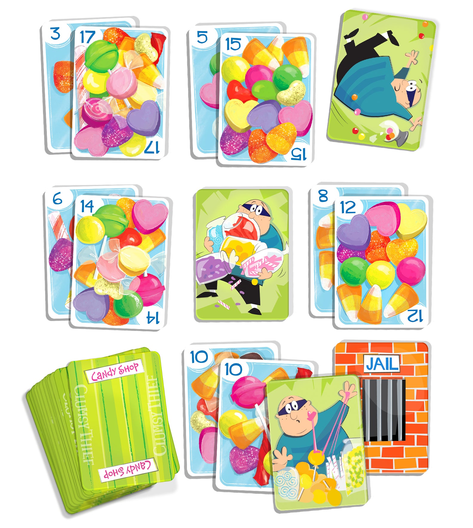 Colorful candy cards that add to 20, thief and jail cards in Clumsy Thief math game