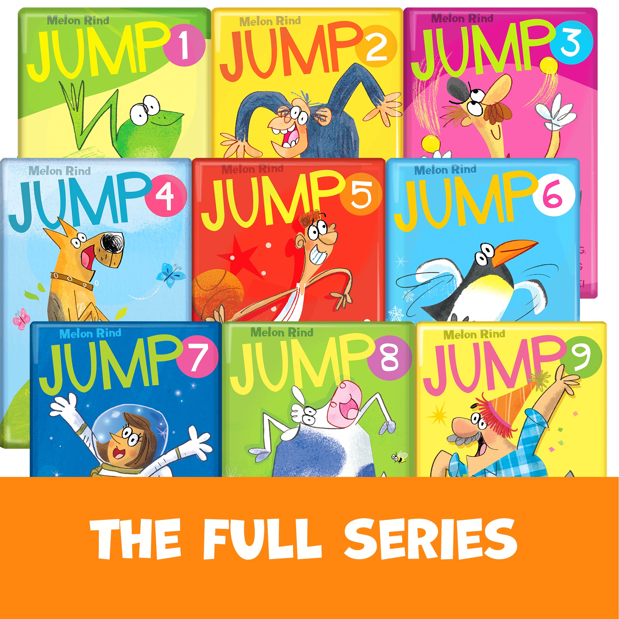 Set of colorful children's math games titled 'Jump' with cartoon characters.