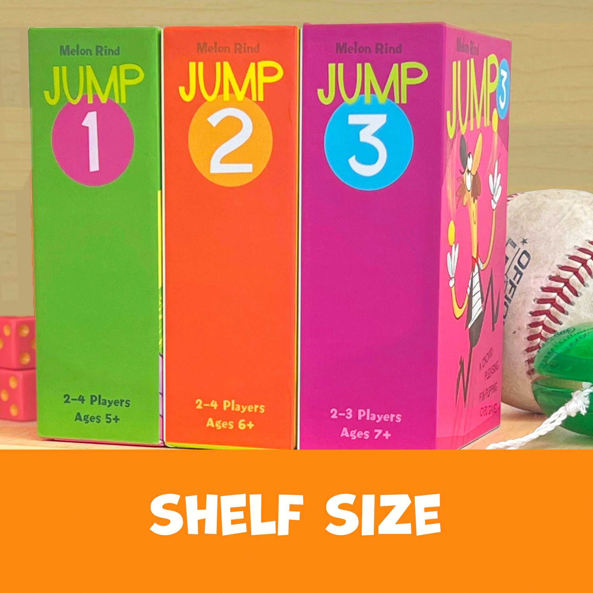 Four colorful boxes labeled 'Jump 1', 'Jump 2', 'Jump 3' with a sports ball and dice on a shelf.