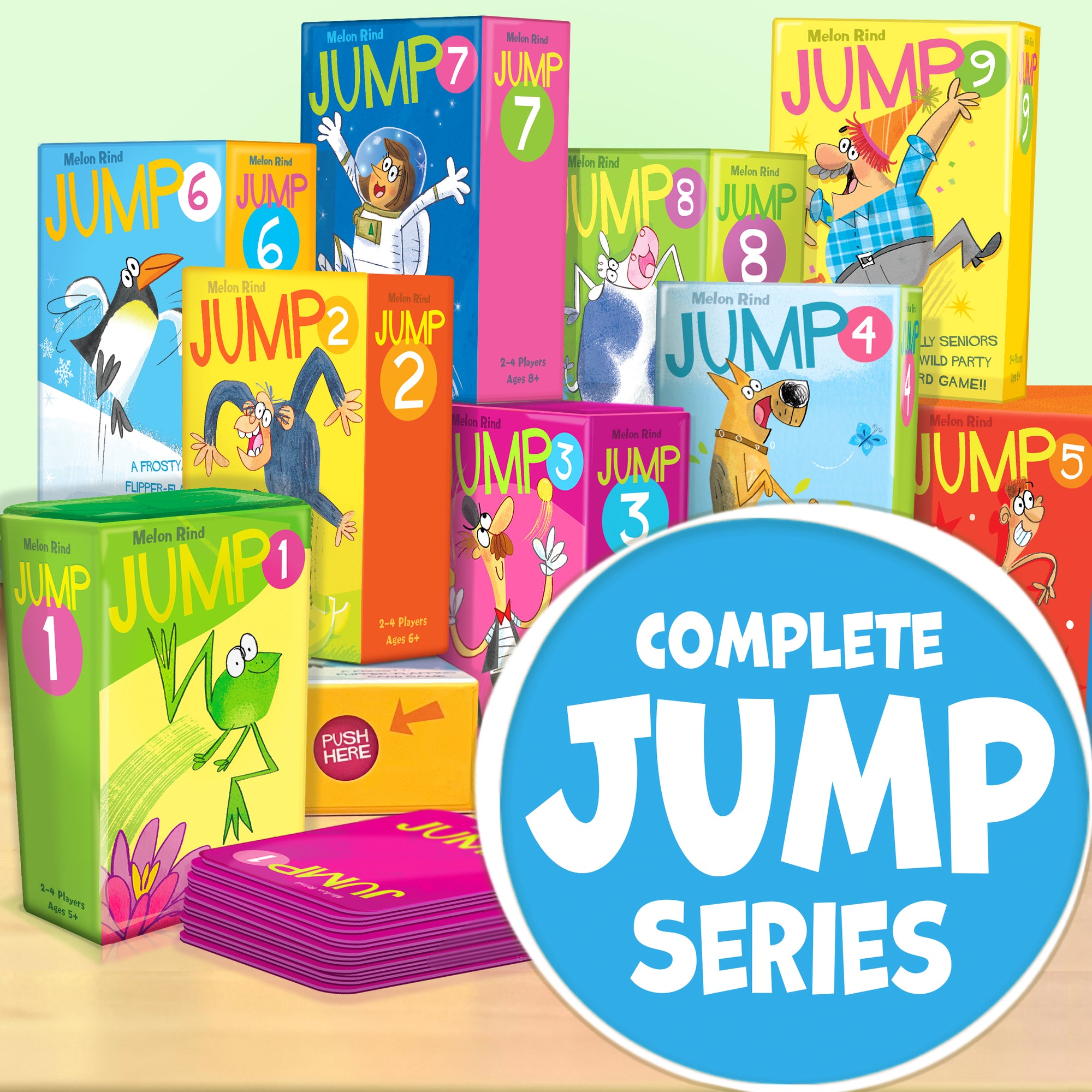 Melon Rind Jump Game Series with 9 colorful game boxes and cards