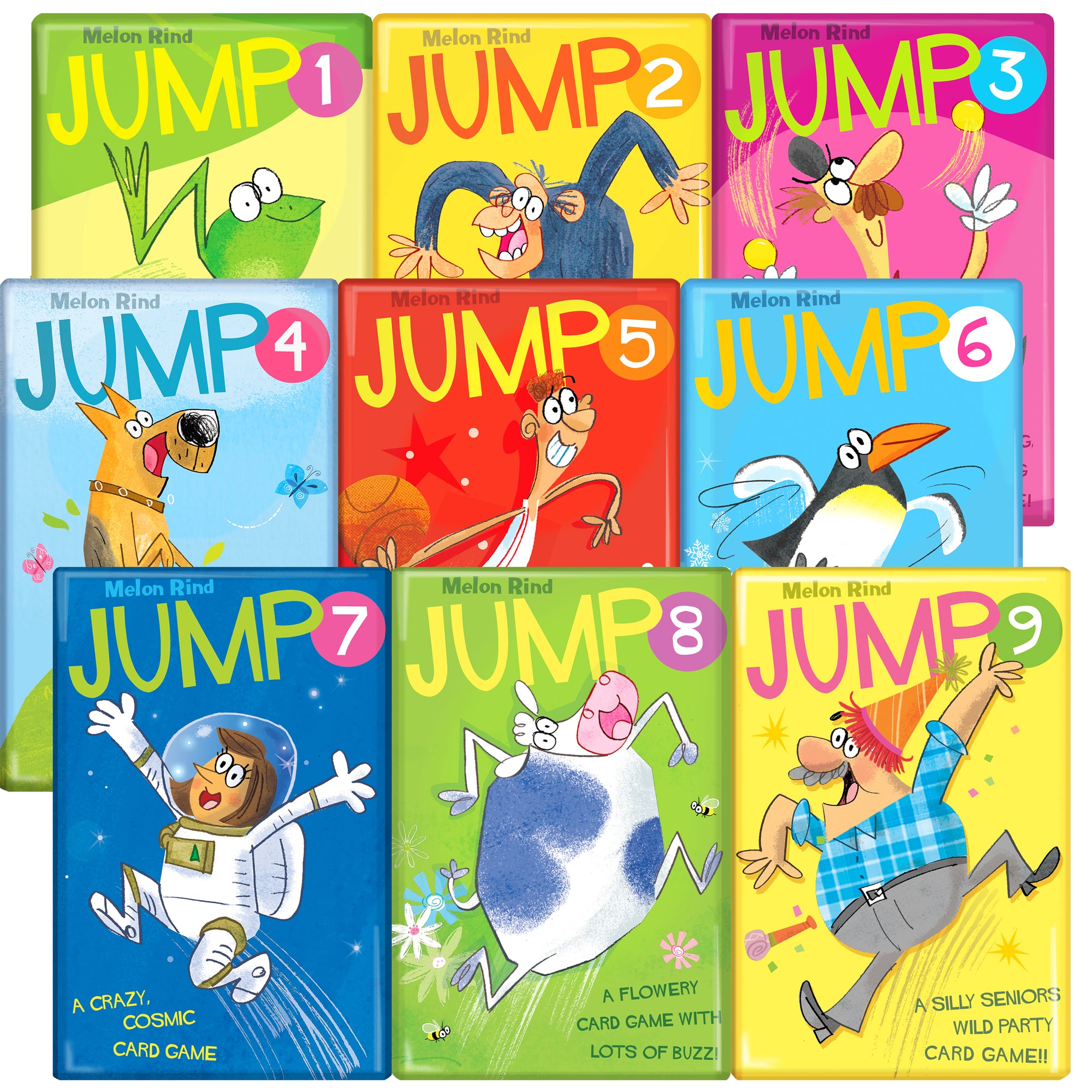 Set of 'Jump' card game boxes with colorful illustrations on a white background
