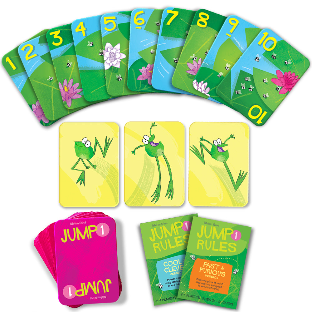 Jump 1 cards showing number cards 1-10, frog cards and Jump 1 rules.